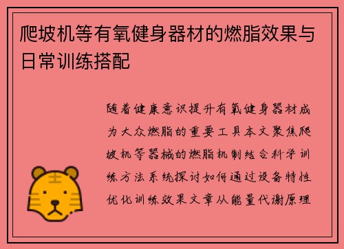 爬坡机等有氧健身器材的燃脂效果与日常训练搭配